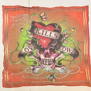 Vintage Ed Hardy Sheer Silk Scarf Y2k Skull Tattoo Bold Graphic Audigier Design